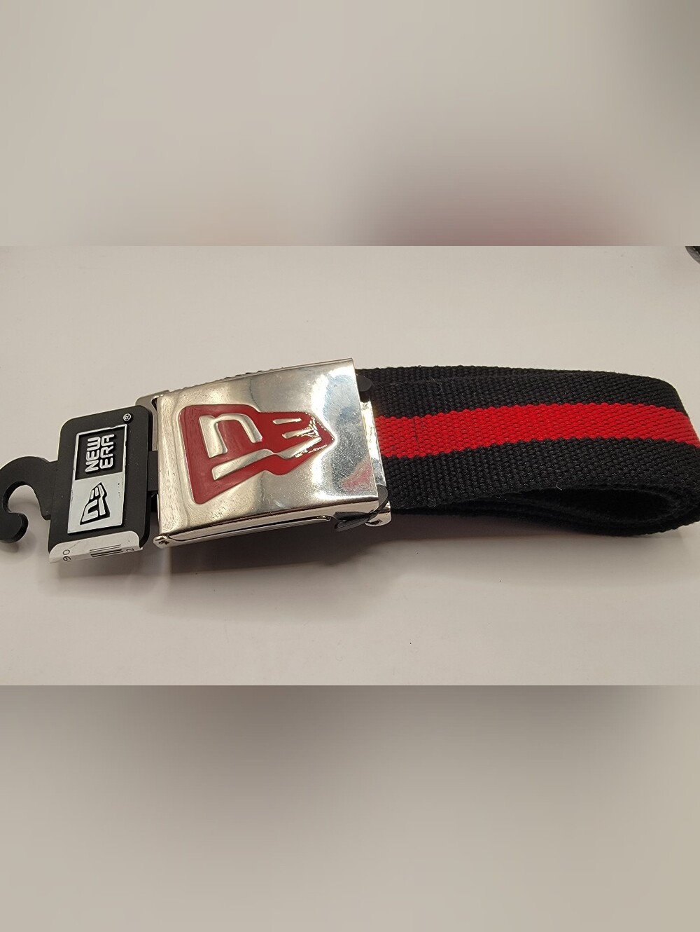 New Era Black Belt with Red Center Stripe and Silver Buckle